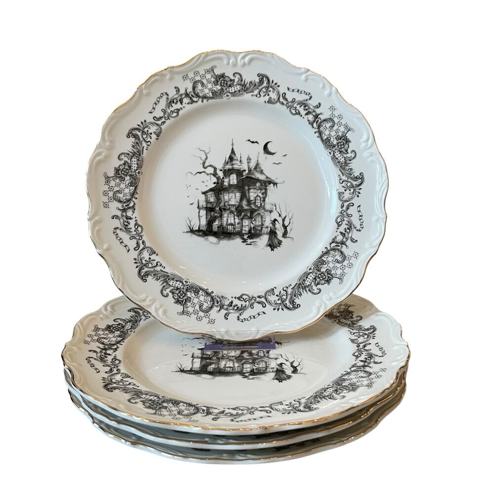 4 Monterey Bay Halloween Haunted House Dinner Plates 11in Porcelain Spooky NEW